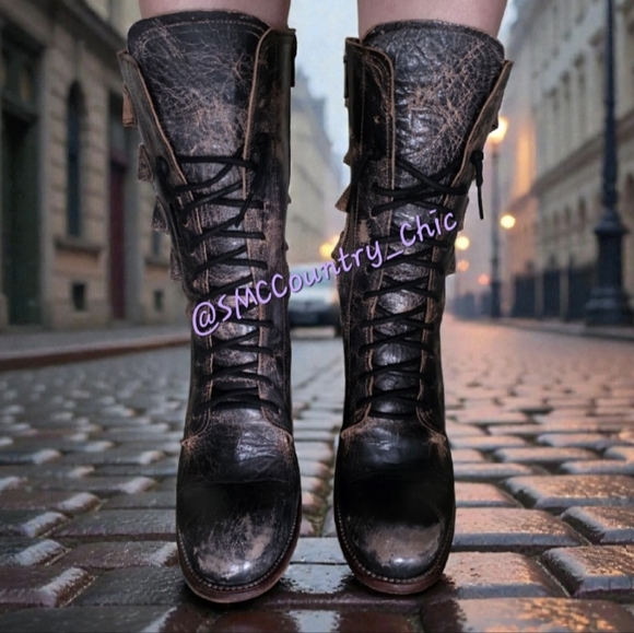 🩶Rare- BED|STÜ "Fiona" Distressed Leather Moto Victorian Combat Boots - Picture 2 of 16